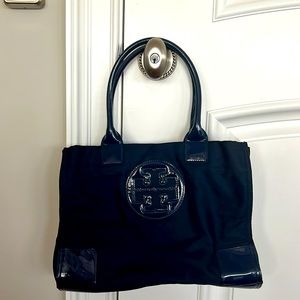 Tory Burch Ella Tote. Nice used condition. Blue nylon/patent leather.
